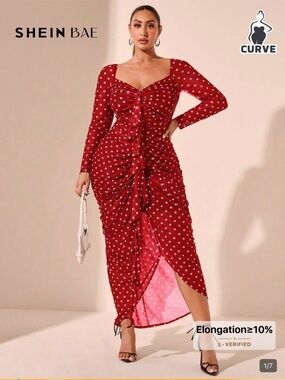 SHEIN Red White Polka Dot Ruched Midi Dress